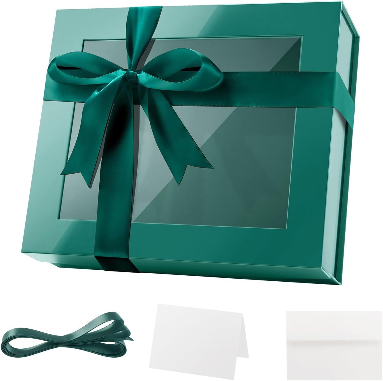 Extra Large Green Gift Box with Window, 16.3x14.2x5 Inches Clear Easter Gift Box for Present Contains Ribbon, Card, Groomsman Proposal Box with Magnetic Lid (Glossy Green)